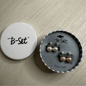 B-Set faux pearl and crystal stud earrings.